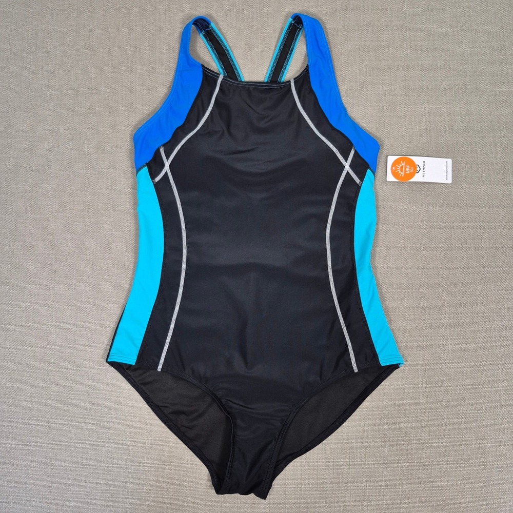 Attraco Womens Athletic One Piece Swimsuit Black Blue Colorblock Racerback L NEW
